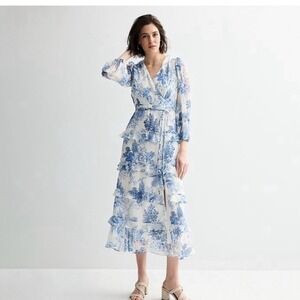 Maison Tara White Blue Toile Floral Clip Dot Tiered Ruffle Maxi Dress Sz 14 NWOT